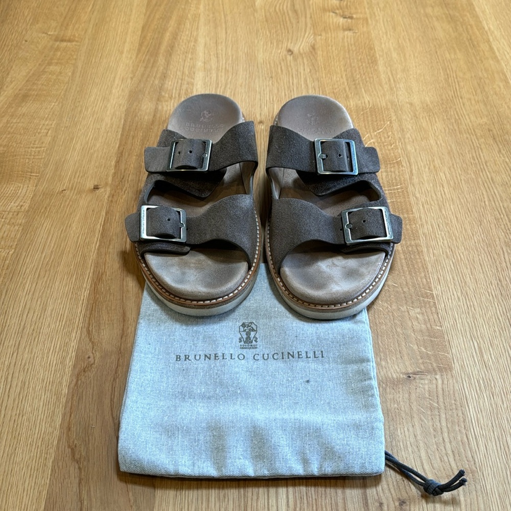 Brunello Cucinelli Men’s Brown Suede Double-Buckle Sandals